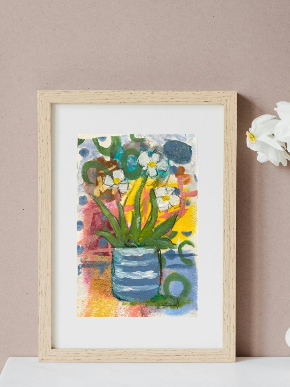 Abstract Floral Mixed Media Wall Art  White Flowers on Multicolor Background